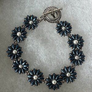 Blue Flower Beaded Bracelet with Pewter Clasp Handmade
